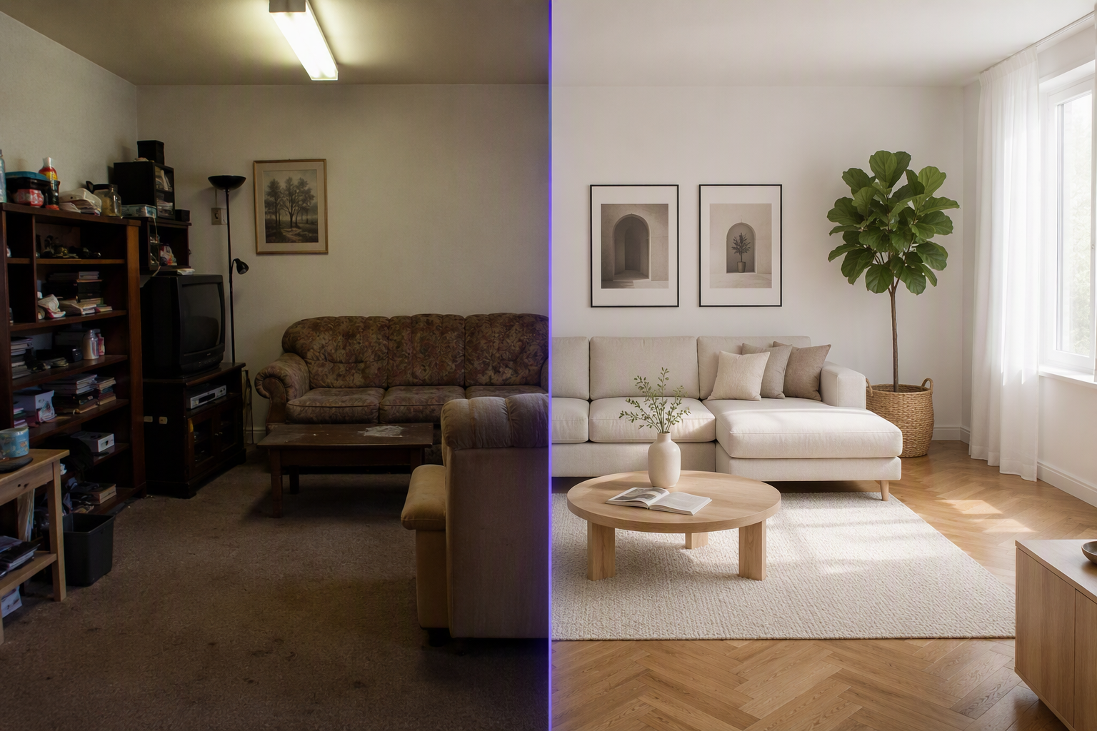 The same living room transforming from a plain photo into a professionally Scandinavian-styled interior